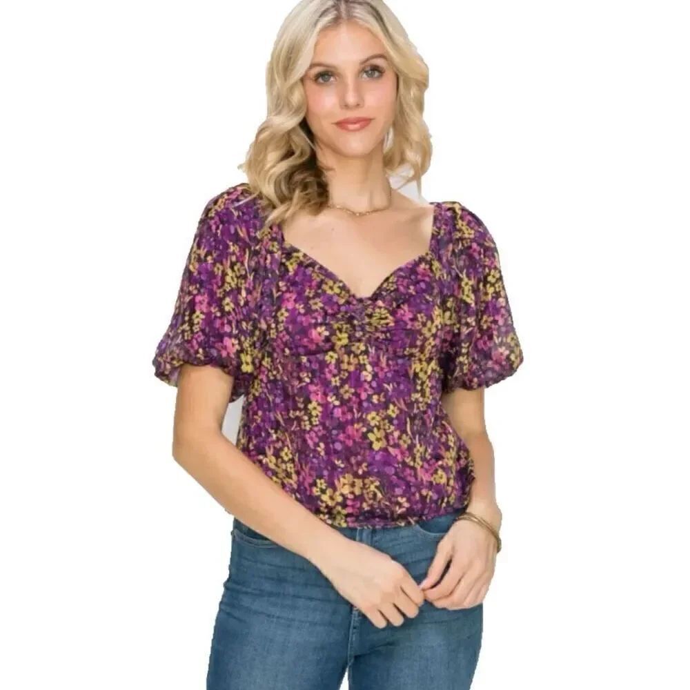 New! Adelyn Rae Floral Dana Puff Sleeve Top Sz M